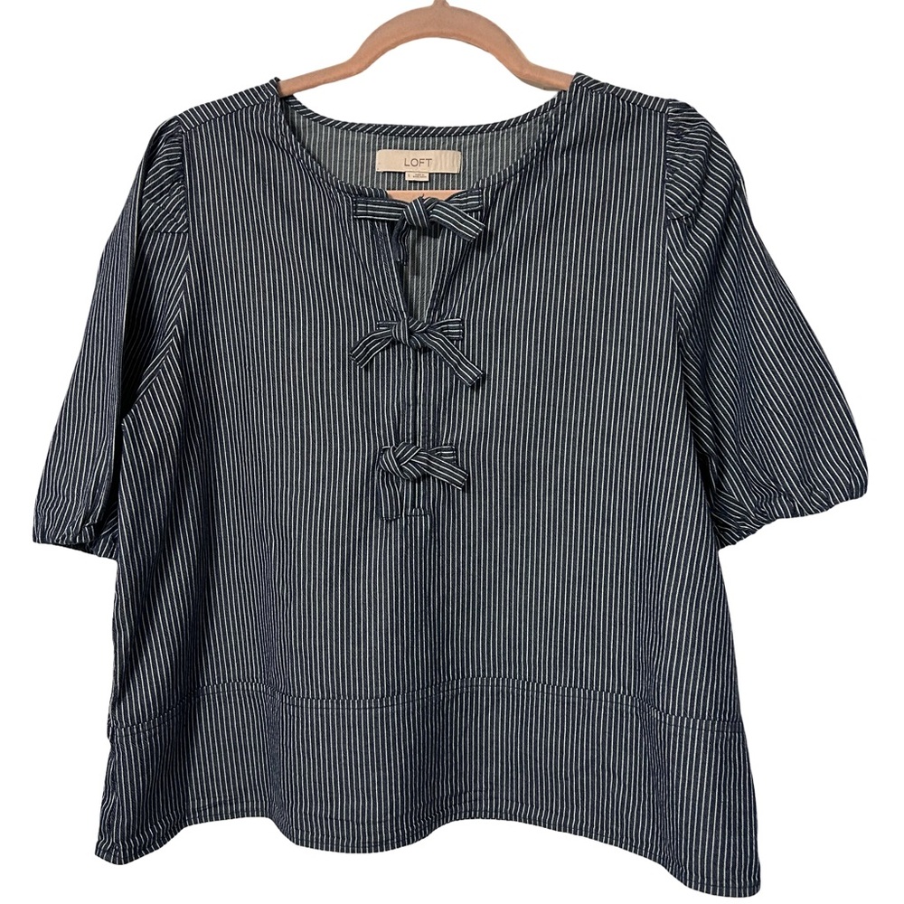 LOFT Chambray Striped Top with Front Bows